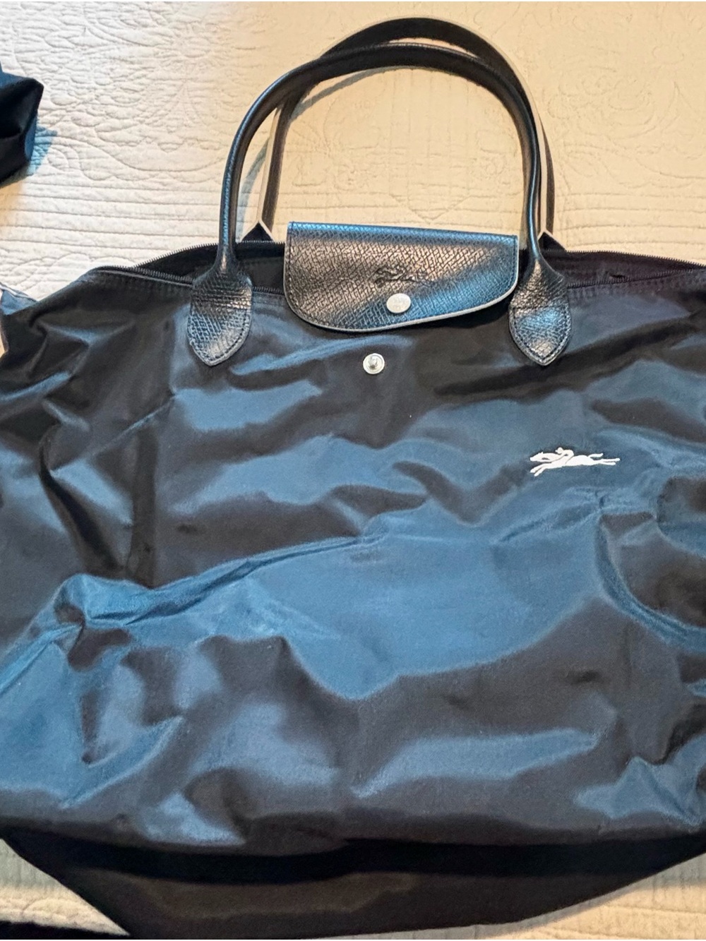 Longchamp Black Nylon Foldable Tote with Leather Trim